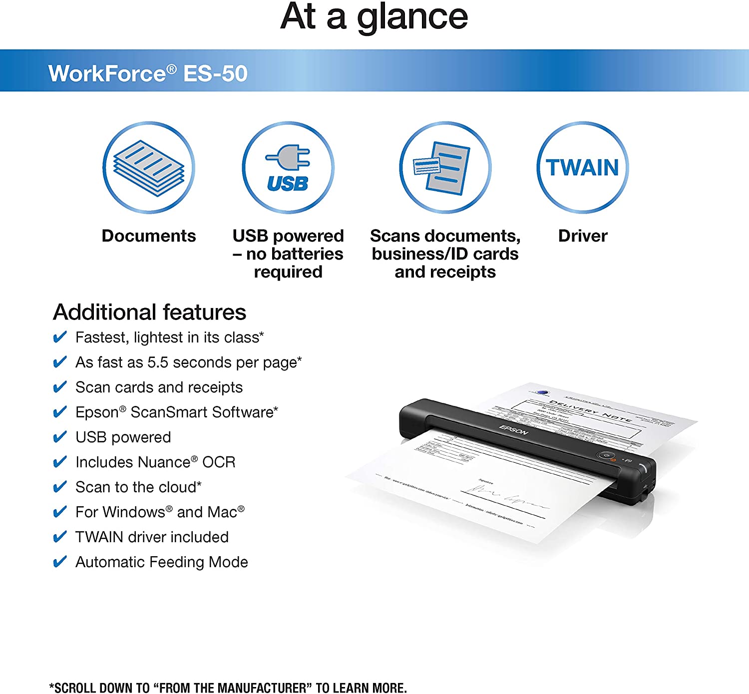 Epson WorkForce ES-50 Portable Sheet-Fed Document Scanner for PC and Mac Epson WorkForce ES-50 Portable Sheet-Fed Document Scanner for PC and Mac